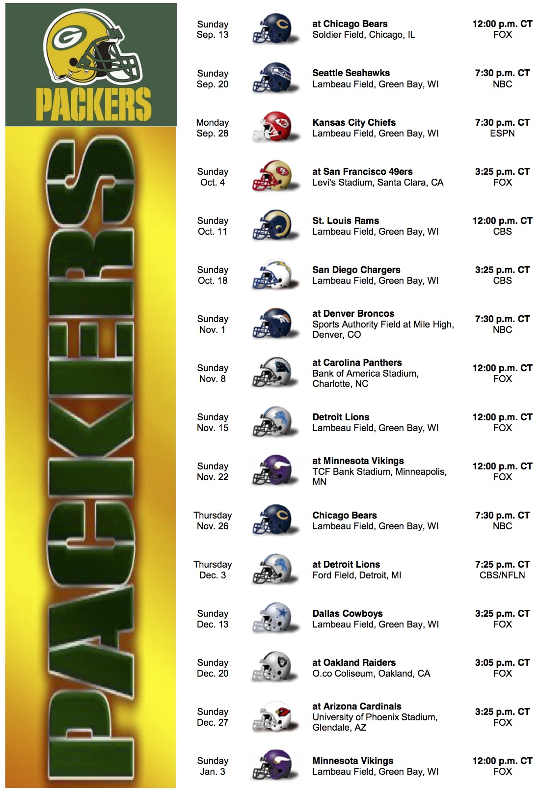 2015 Football Schedule Green Bay Packers